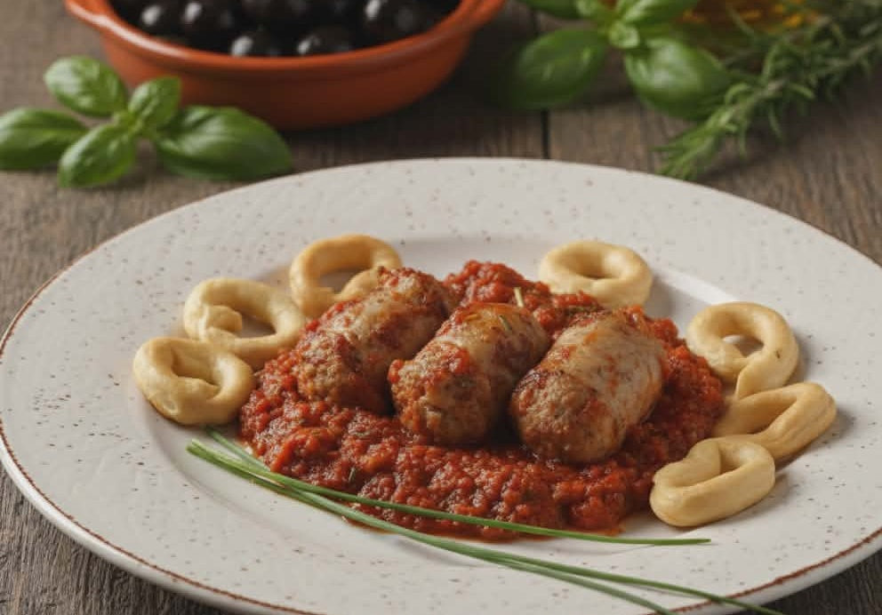 Bratwurst mit schwarzen Oliven