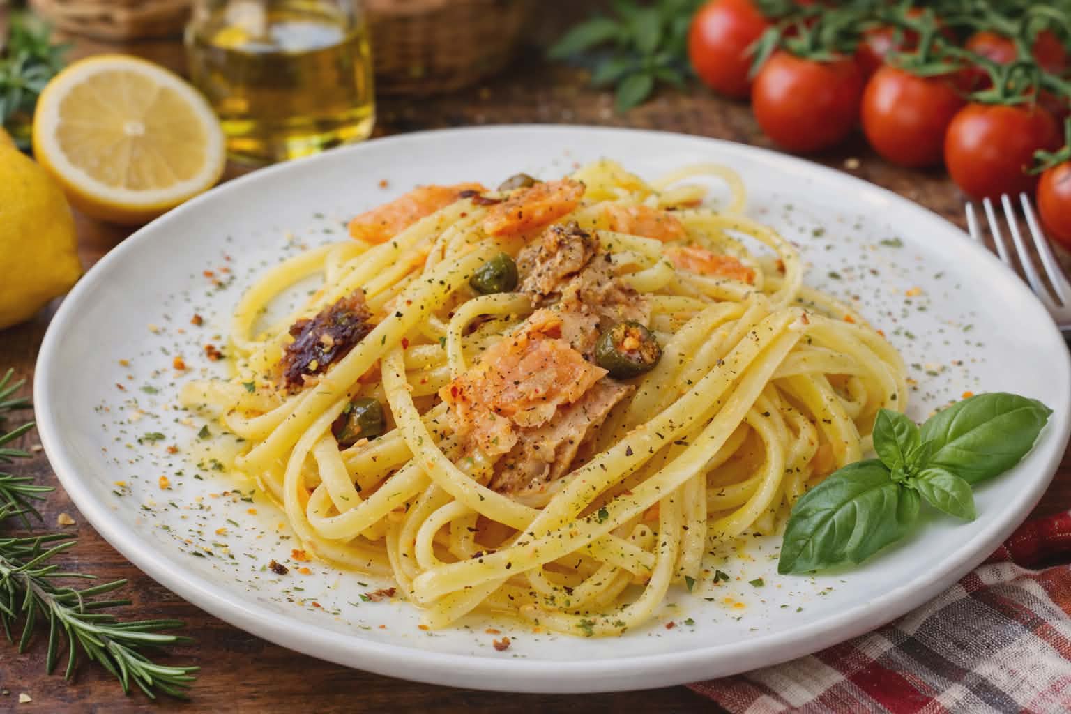 Nudeln mit Lachs, Thunfisch & Kapern