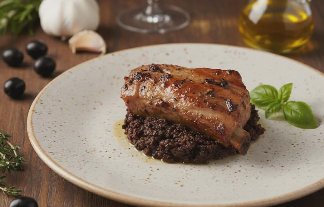 Schweinerippen mit schwarzen Oliven